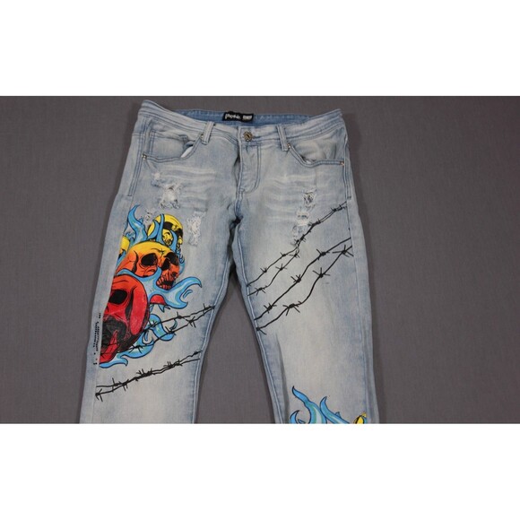 MOTIVE DENIM JEANS Blue Skull Graphic Rhinestone Print Stretch Tag 32X32 (32X31) - Picture 2 of 15